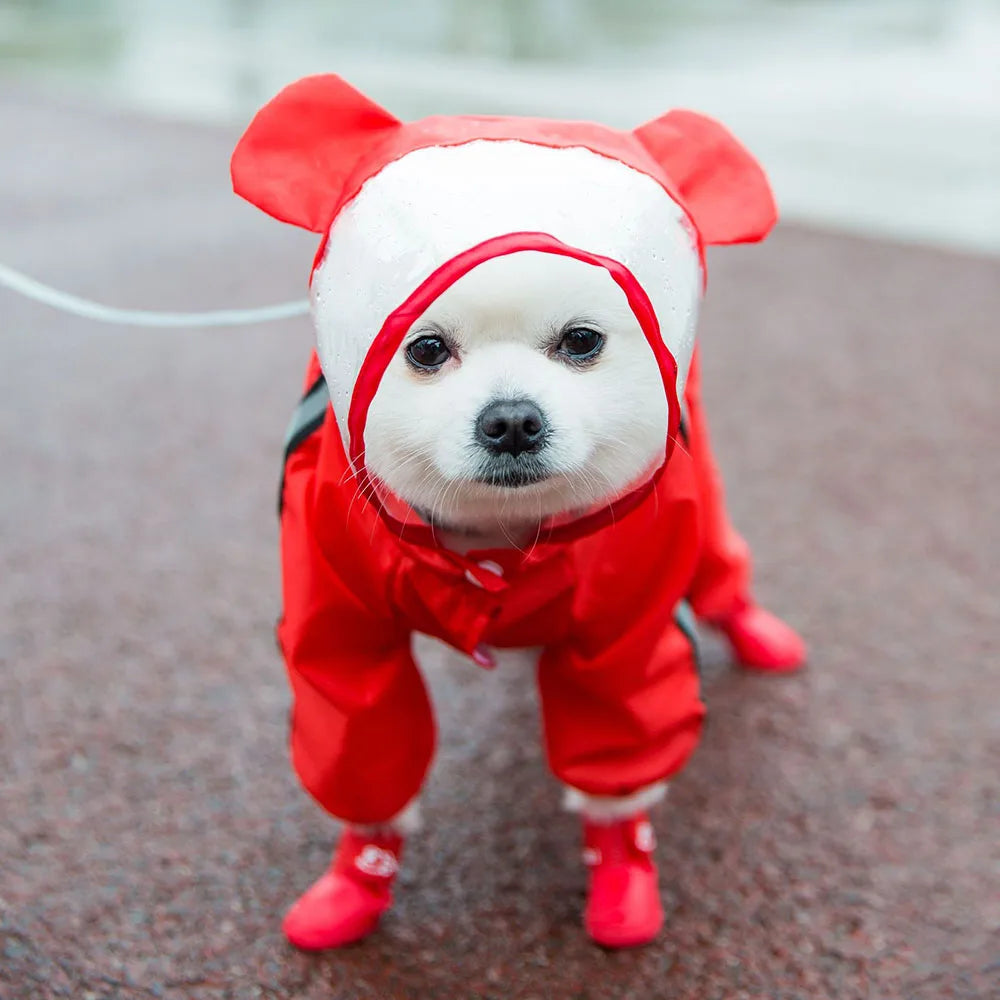 Cute Bear Shape Dog Raincoat Puppy Rain Jacket Full Body Coverage with Hat Reflective Double Layered Waterproof Dog Hooded Cloak