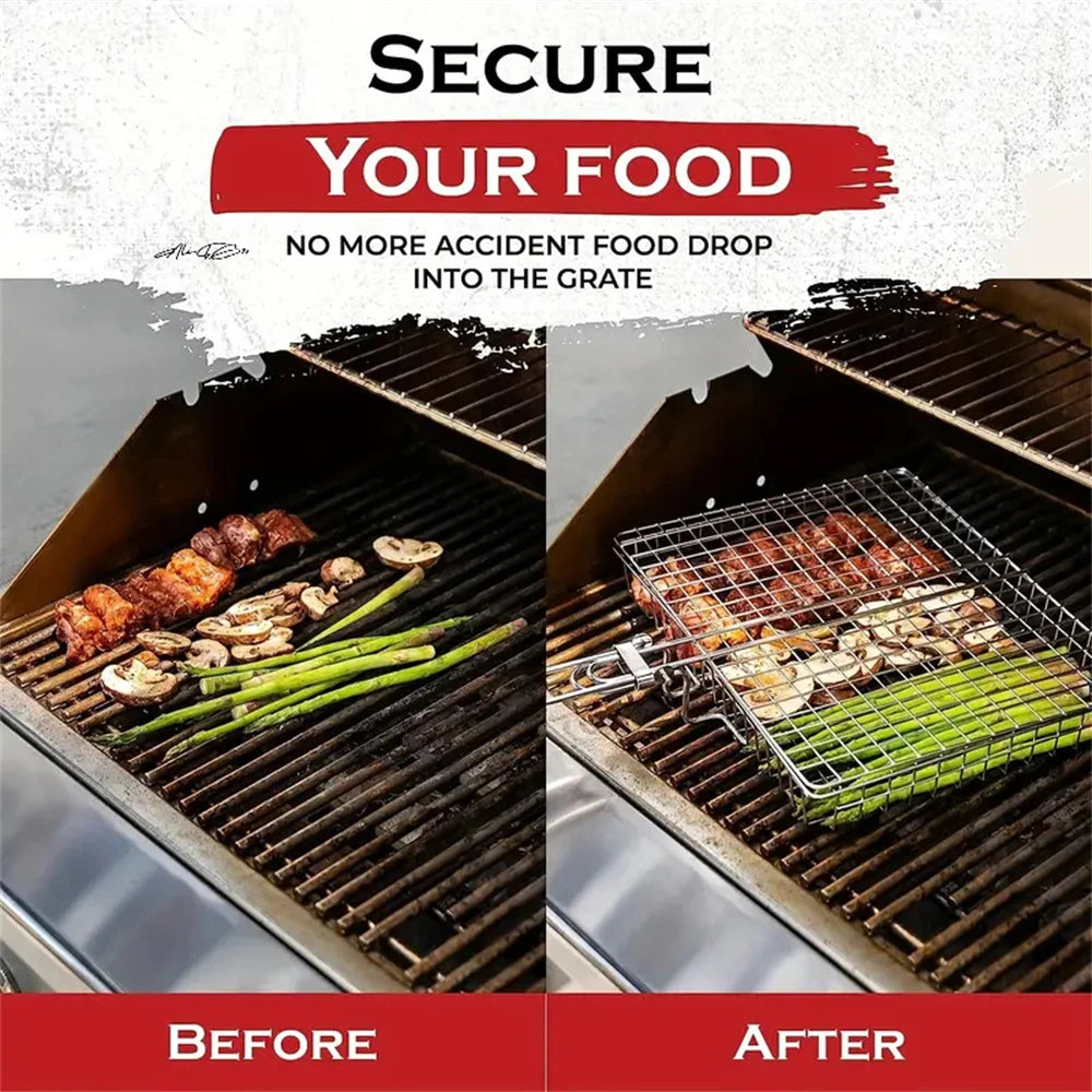 Grill Basket Stainless Steel Folding Grilling Baskets Outdoor Camping BBQ Rack Vegetable Steak Tool For Picnic Party Barbecue