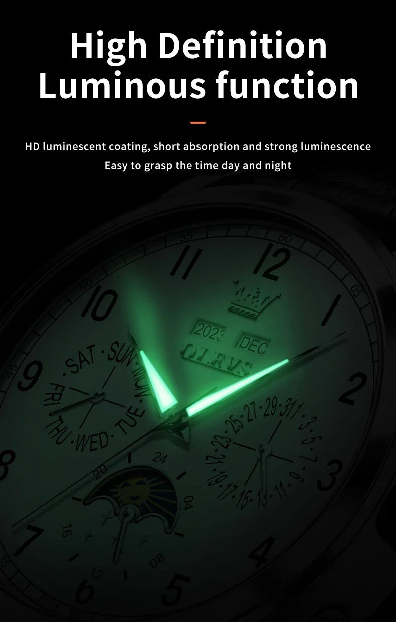 Olevs 6698 automatic watch luxury leather strap calendar waterproof luminous moon phase mechanical watch men