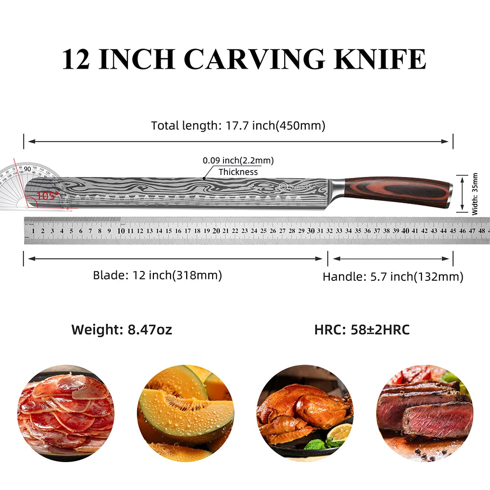 Sunnecko Chef's Brisket Slicing Knife 12" High Carbon Stainless Steel Ham Cutting Knife with Sheath Ergonomic Pakkawood Handle