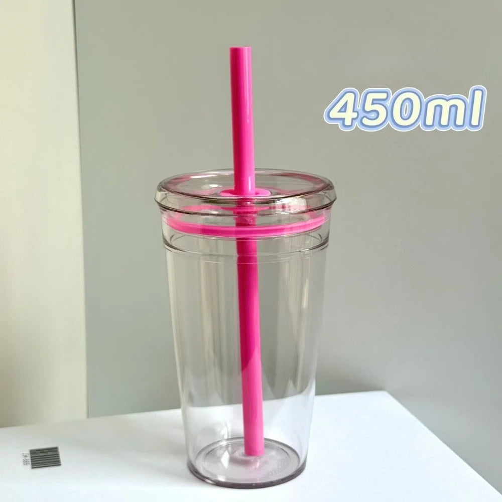 Drinkware 450ml Straw Cup Reusable Transparent Coffee Cup Plastic Single Layer Car Tumbler Home Office Water Cup