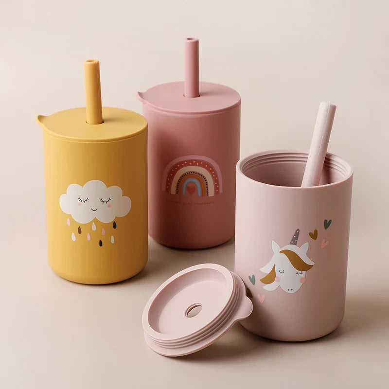 Baby Feeding Drinkware Straw Cup, Baby Learning Feeding Bottles, Anti-Hot Leakproof Silicone Tableware, Toddler Water Bottle