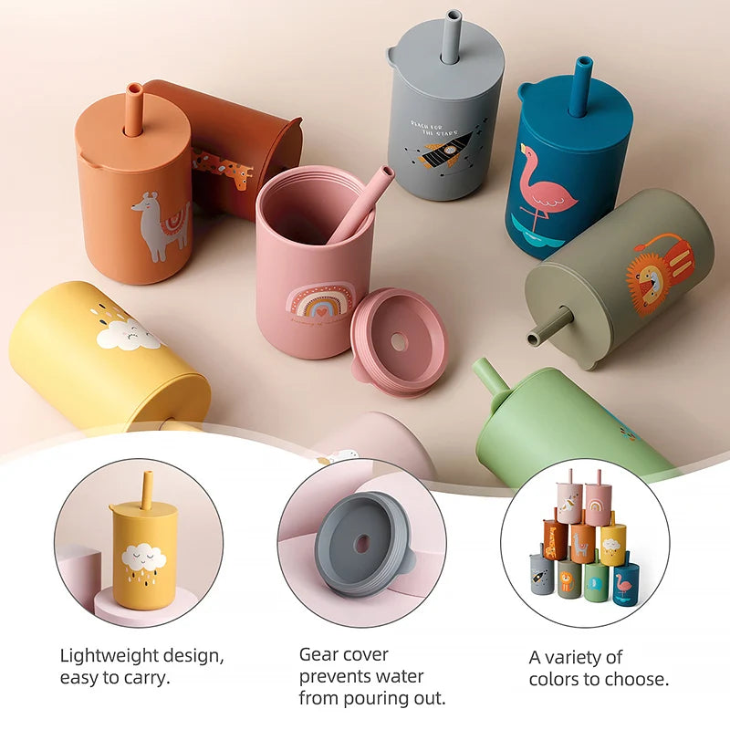 Baby Feeding Drinkware Straw Cup, Baby Learning Feeding Bottles, Anti-Hot Leakproof Silicone Tableware, Toddler Water Bottle