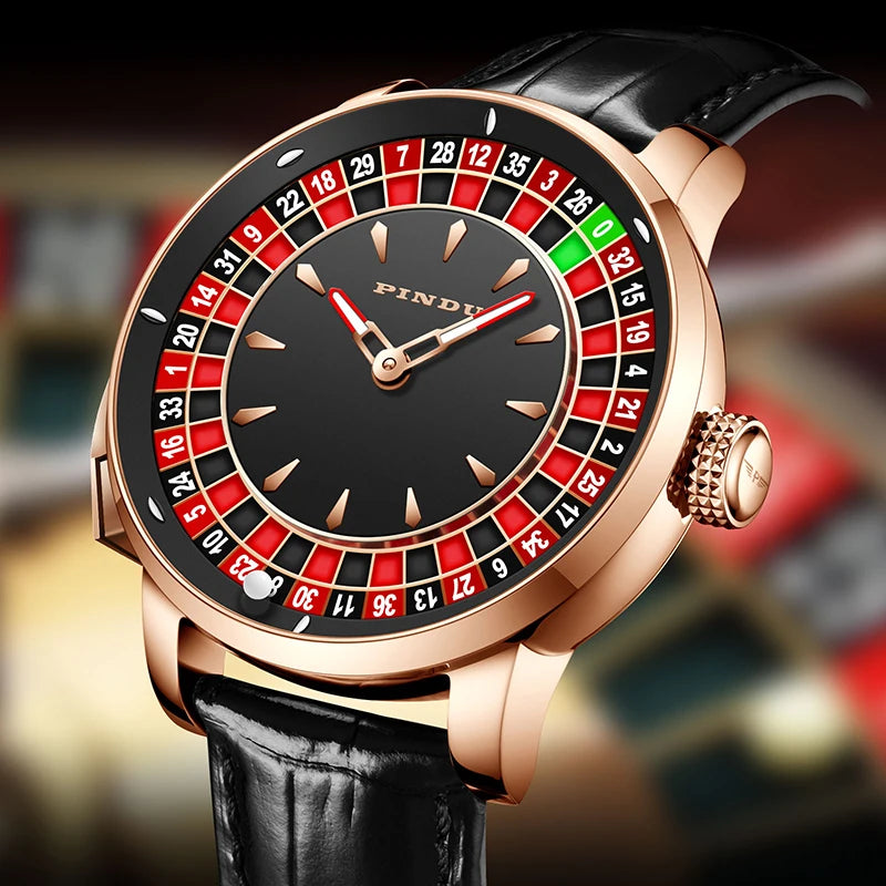 PINDU Players Gambling Series Men's Mechanical Watch European Roulette Poker Game Dial Automatic Movement Design Party Watch