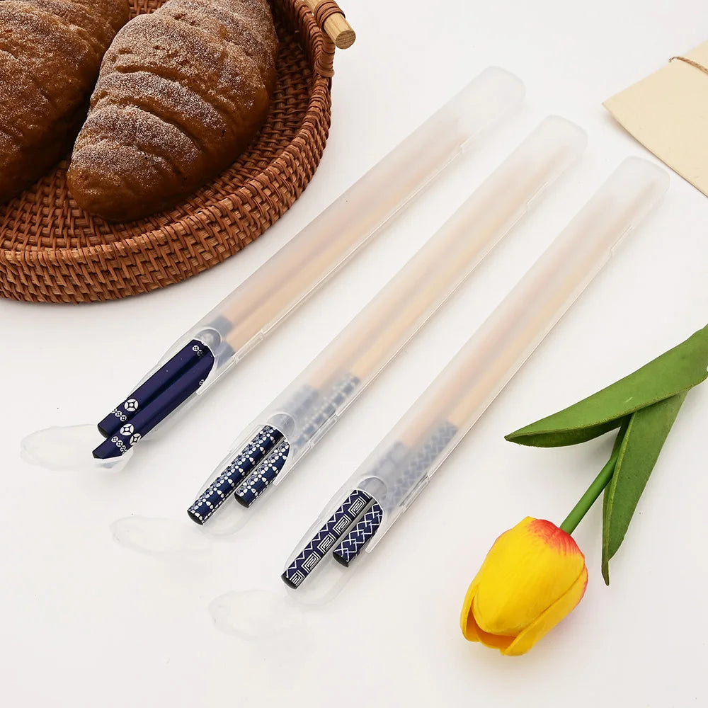 Anti-skid Handmade Bamboo 1Set Portable Reusable Japanese Style Natural Wood Chopsticks Food Blue Wooden Chopsticks Set