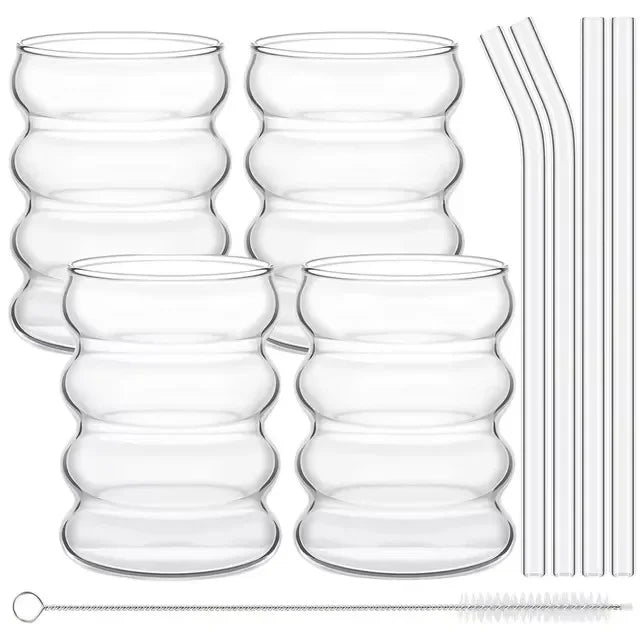 Drinking Glasses Ribbed Glassware Cups with Straws Set Cocktail Fruit Glass Drinkware Creative Glass Cups Coffee Mug Clear