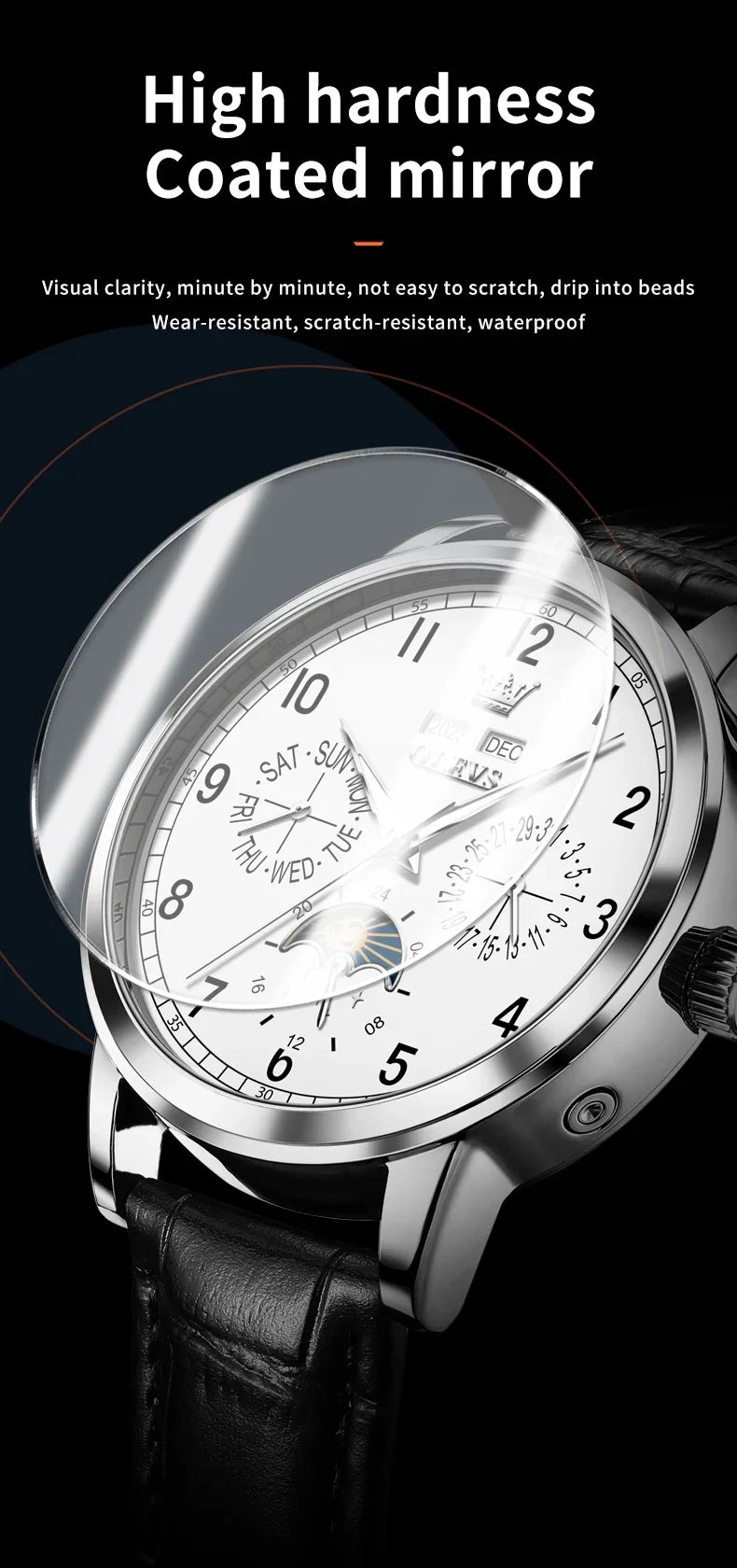 Olevs 6698 automatic watch luxury leather strap calendar waterproof luminous moon phase mechanical watch men
