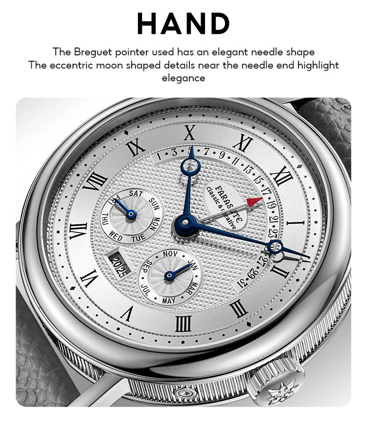 FARASUTE Men's Mechanical Watch Flyback Function Seagull Movement Month Display Week Display Calendar YearDisplay Sapphire Watch