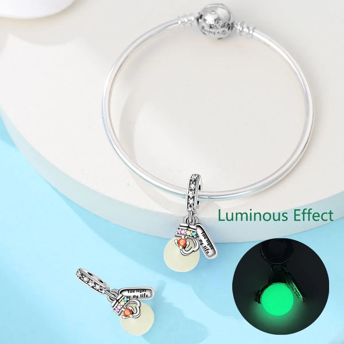 Authentic 925 Sterling Silver Luminous Firefly Charms Bee Light Bulb Beads Ring Earrings Fit Original Bracelets DIY Jewelry Gift