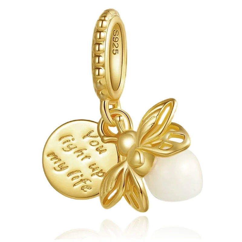 Authentic 925 Sterling Silver Luminous Firefly Charms Bee Light Bulb Beads Ring Earrings Fit Original Bracelets DIY Jewelry Gift