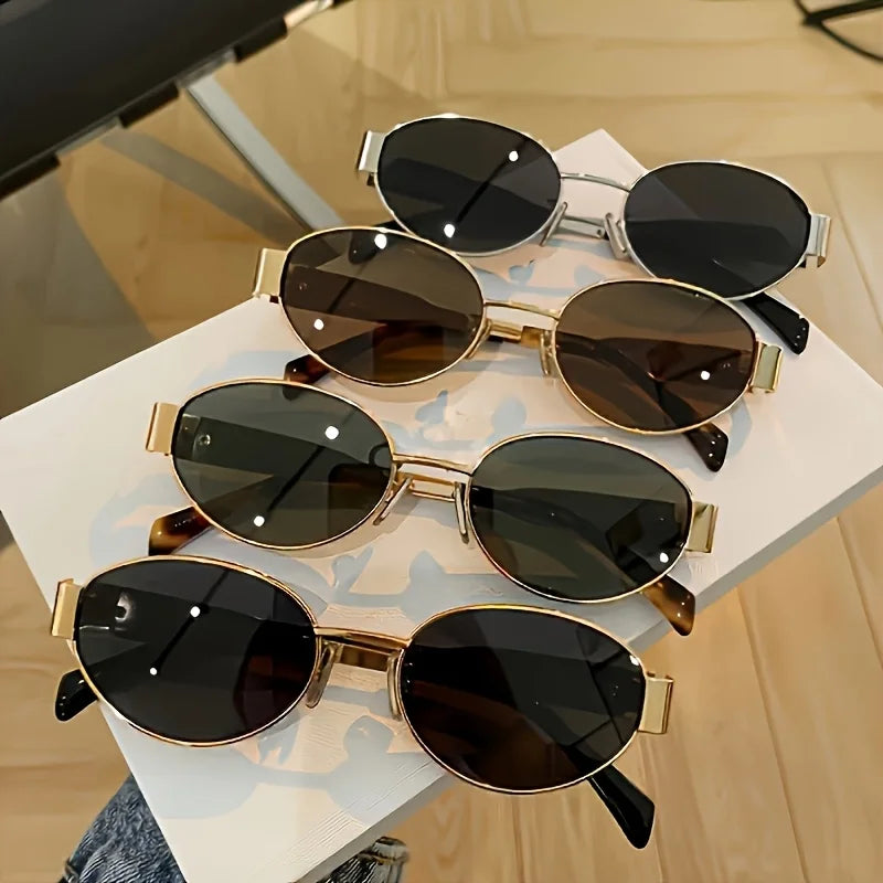Metallic high-end full-sided oval-shaped sunglasses, a retro, simple and fashionable daily wear item