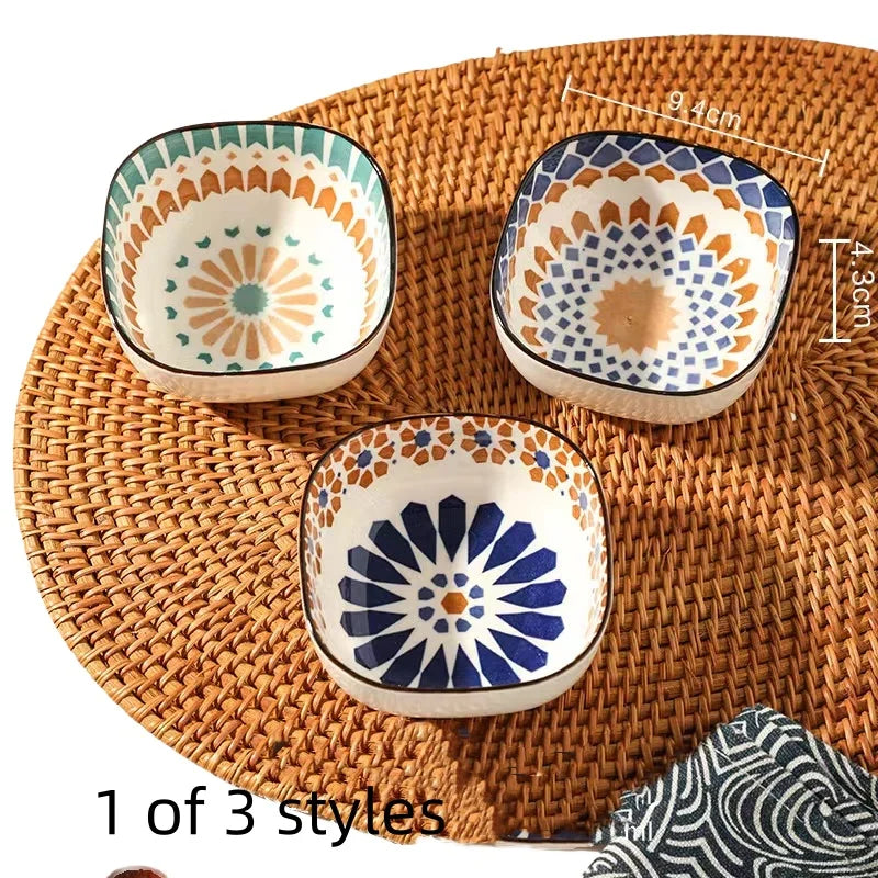 Bohemian style ceramic bowl household sauce bowl small square bowl Japanese snack bowl creative pickle dish