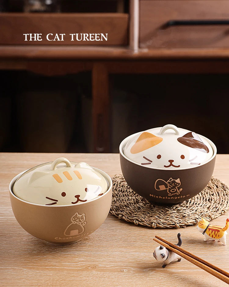Japanese Creative Ceramic Soup Bowl Cute Cartoon Animals with Lid Cat Bowl Household Instant Noodles Bowl Rice Bowl Tableware