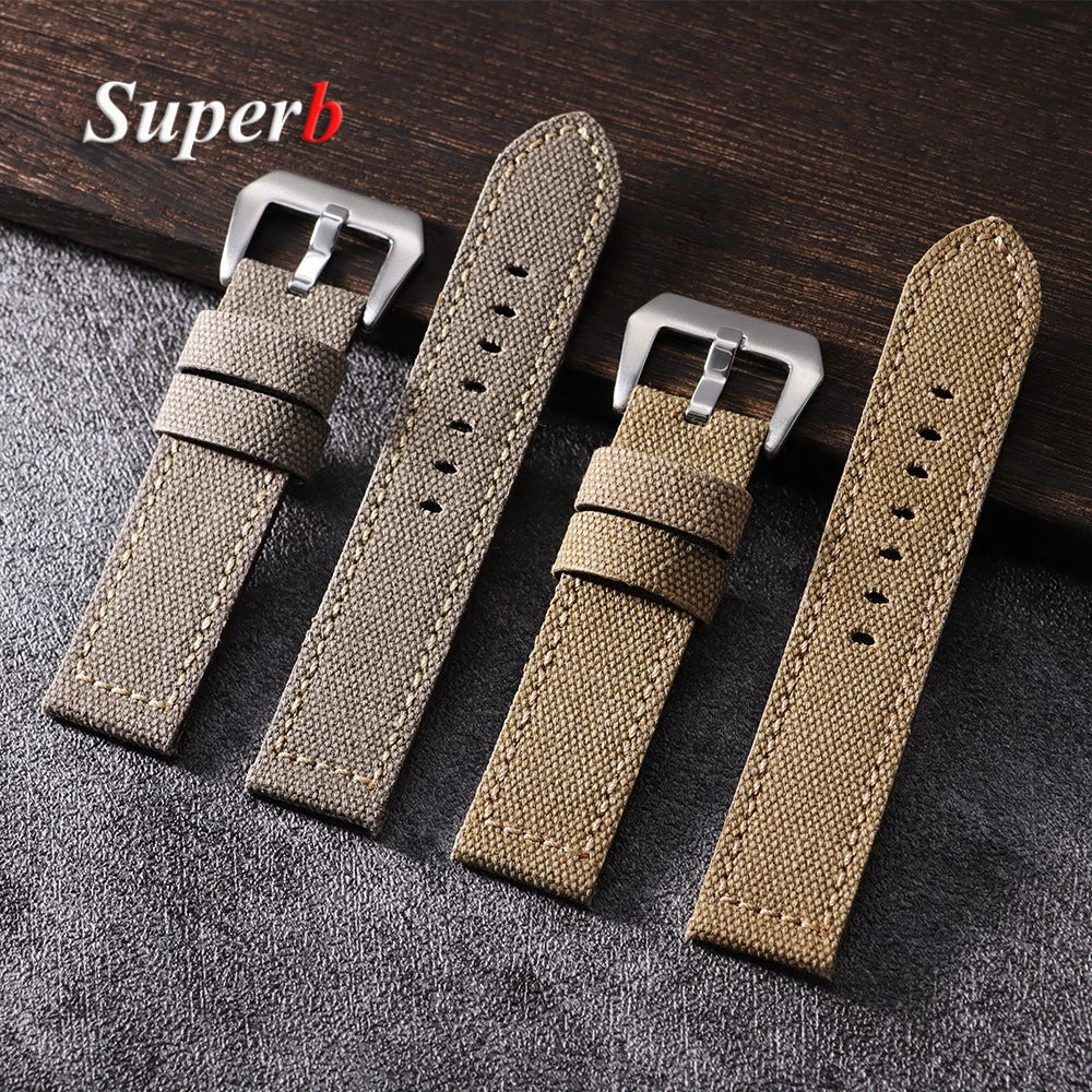 Canvas Leather Watchband for Panerai 20 22 24mm Black Brown Denim Thick Retro Strap Military Watchband Men Women Wristbelt
