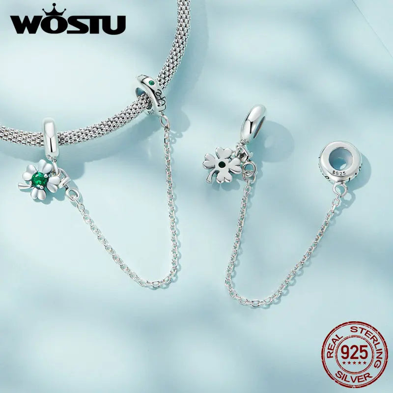 WOSTU 925 Sterling Silver Amimal Safety Chain Heart Key Flower Pendant CZ Charms Stopper Fit Original Bracelet DIY Fine Jewelry