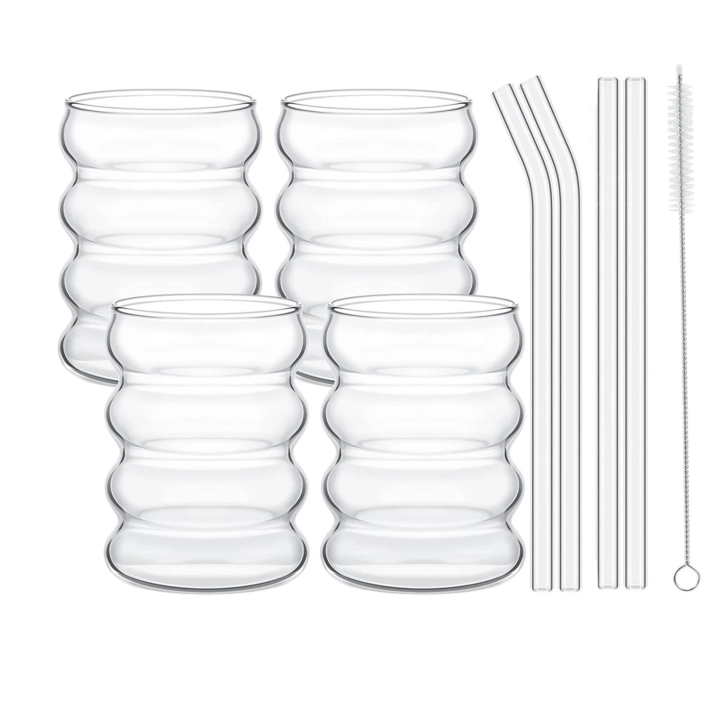 Drinking Glasses Ribbed Glassware Cups with Straws Set Cocktail Fruit Glass Drinkware Creative Glass Cups Coffee Mug Clear