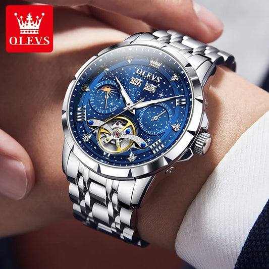 OLEVS 6689 Automatic Watch for Men Starry Sky Tourbillon Design Moon Phase Date Stainless steel Luminous Waterproof Wristwatch