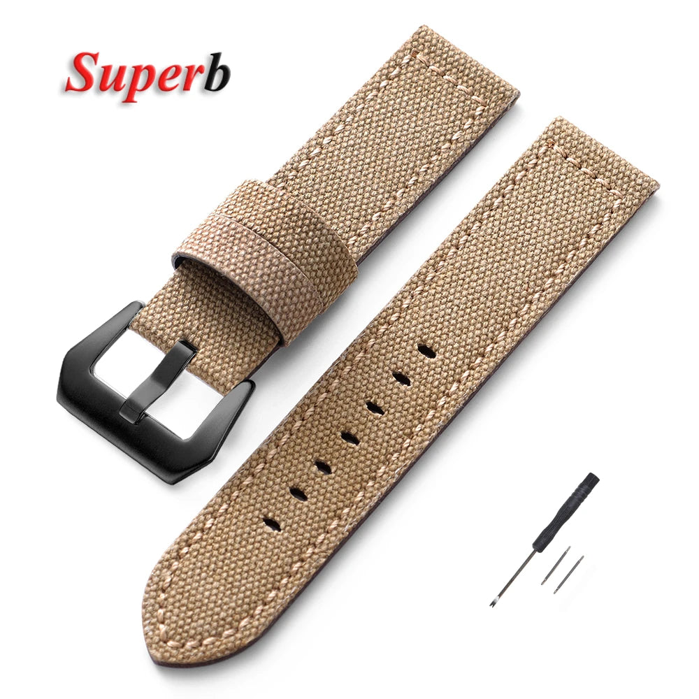 Canvas Leather Watchband for Panerai 20 22 24mm Black Brown Denim Thick Retro Strap Military Watchband Men Women Wristbelt