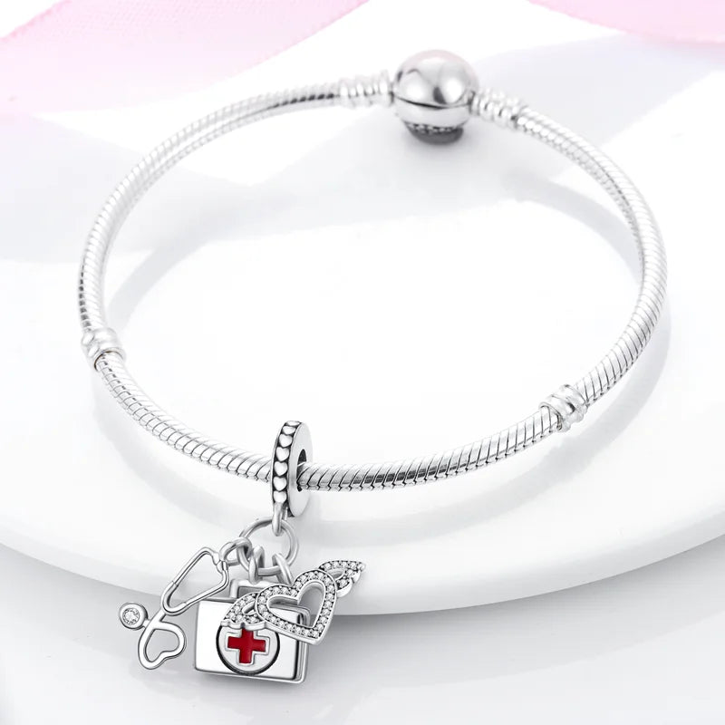 Original 925 Sterling Silver Medicine Cabinet Stethoscope Charms Pendant Beads Fit S925 Bracelet Fine DIY Jewelry Making