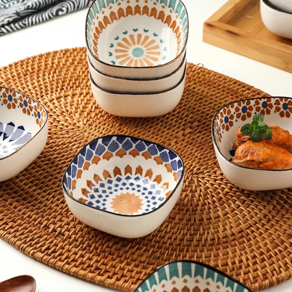Bohemian style ceramic bowl household sauce bowl small square bowl Japanese snack bowl creative pickle dish