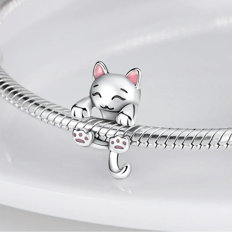 Hot Sale Pink 925 Silver Milk Cat Shape Charm Beads Fits Pandora Bracelet For Women Silver Pendant Beads DIY Jewelry Gift