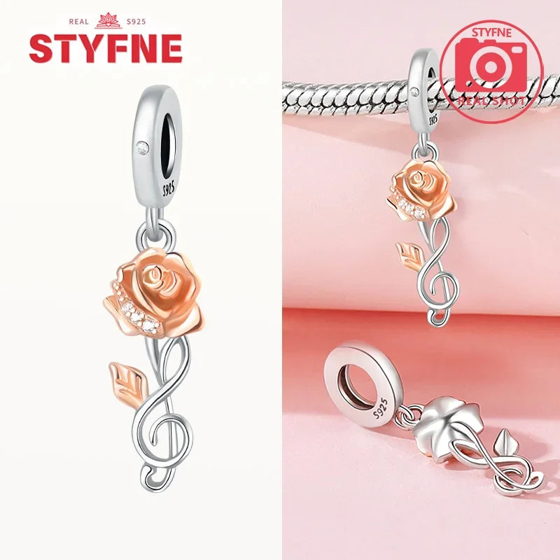 925 Silver Rose Pink Flower Shiny Zircon Charm Beads For Original Charms Original Bracelet for Women DIY fine Jewelry Gift