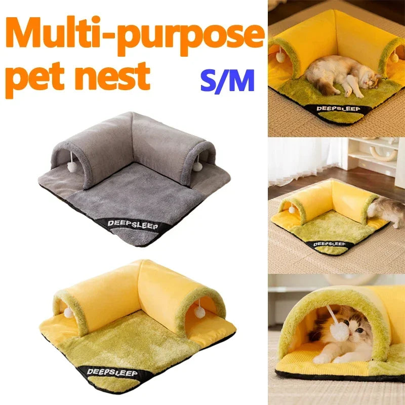 2-in-1 Cat Tunnel & Bed - Detachable Warm House with Non-Slip Play Mat