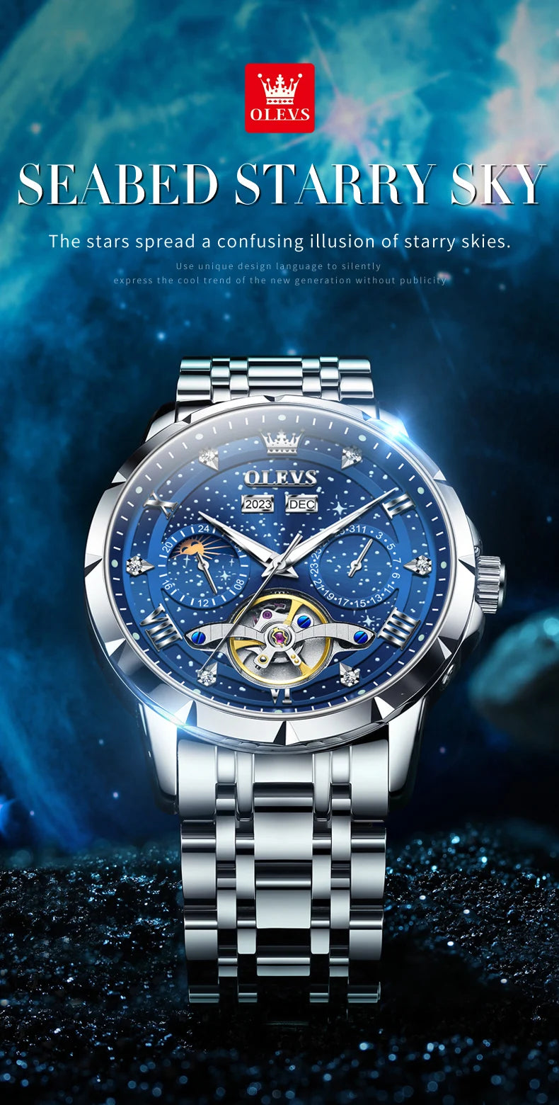 OLEVS 6689 Automatic Watch for Men Starry Sky Tourbillon Design Moon Phase Date Stainless steel Luminous Waterproof Wristwatch