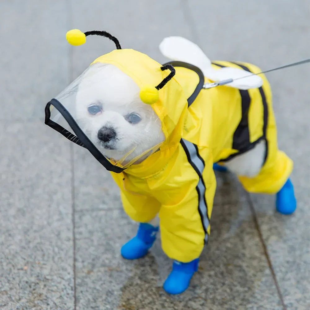 Cute Bear Shape Dog Raincoat Puppy Rain Jacket Full Body Coverage with Hat Reflective Double Layered Waterproof Dog Hooded Cloak