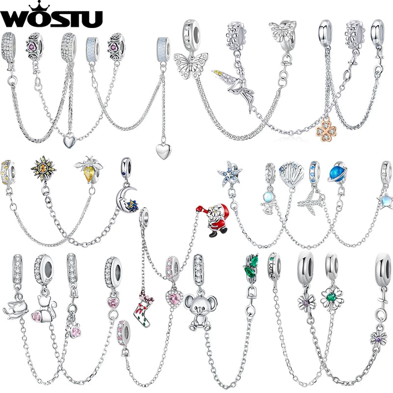 WOSTU 925 Sterling Silver Amimal Safety Chain Heart Key Flower Pendant CZ Charms Stopper Fit Original Bracelet DIY Fine Jewelry