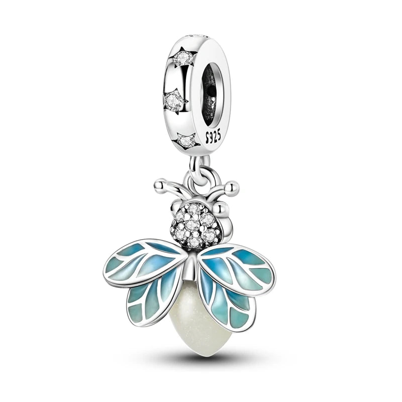 100% 925 Sterling Silver Creative Blue Luminous Firefly Charms Pendants Fit Qikaola 925 Original Bracelets DIY Birthday Jewelry