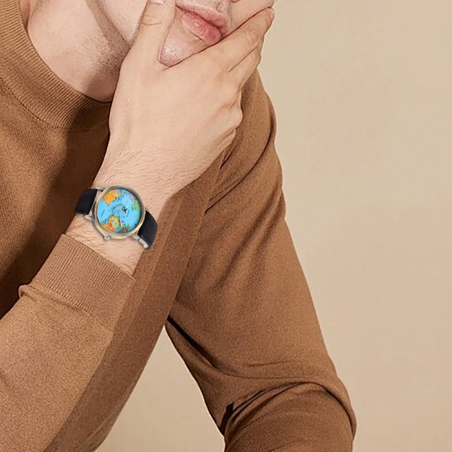 Fashion Global World Map Plane Denim Fabric Band Watch Casual Men Women Wristwatches Quartz Watch Gift Horloges Relógio