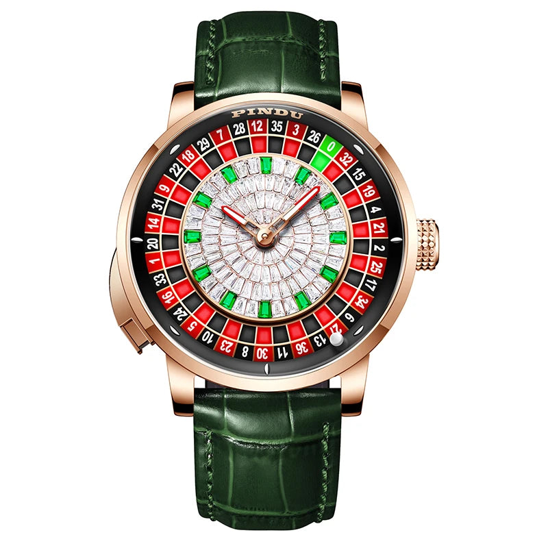 PINDU Players Gambling Series Men's Mechanical Watch European Roulette Poker Game Dial Automatic Movement Design Party Watch