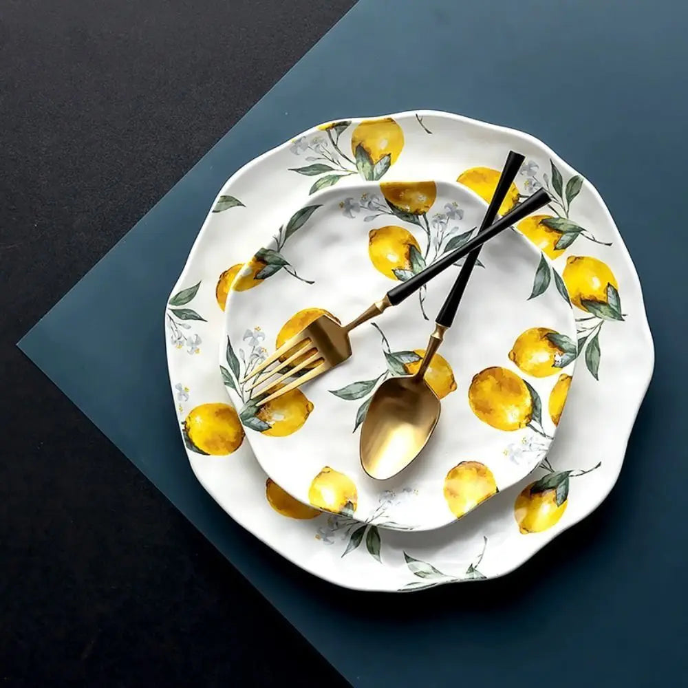 Creative Lemon Pattern Ceramic Dinner Plate Irregular Shape Stackable Steak Food Plate Nordic Style Salad Platter Western Food
