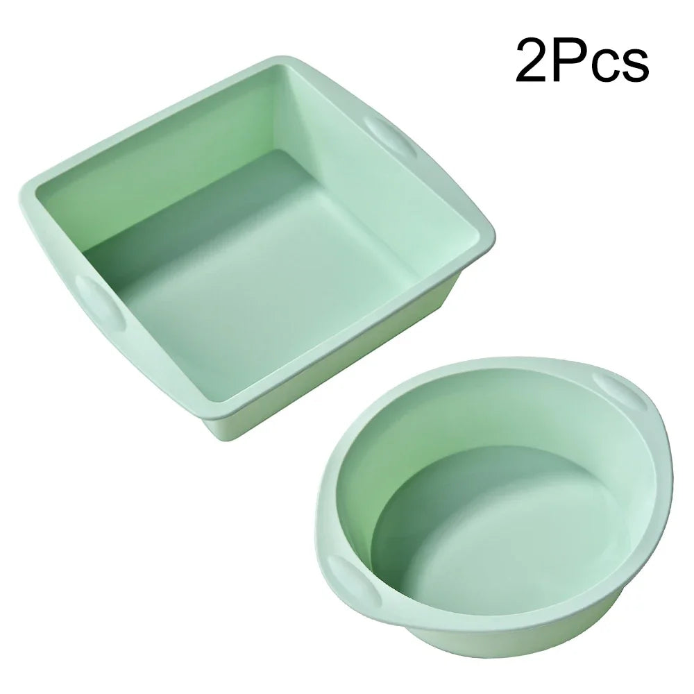 2Pcs Silicone Cake Mold Tray Pans Round Square Kitchen Silicone Nonstick Baking Pans Reusable Cake Pans Baking Tools
