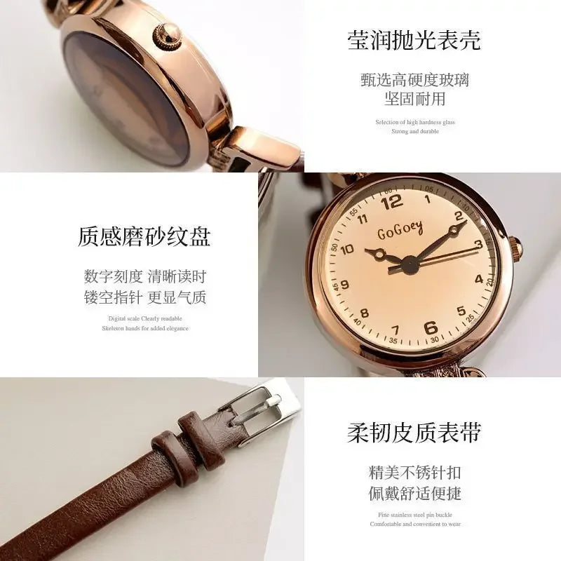 Retro High-end Round Dial Quartz Watches for Women PU Leather Strap Wristwatches Fashion Simple Temperament Girls Watch Gifts