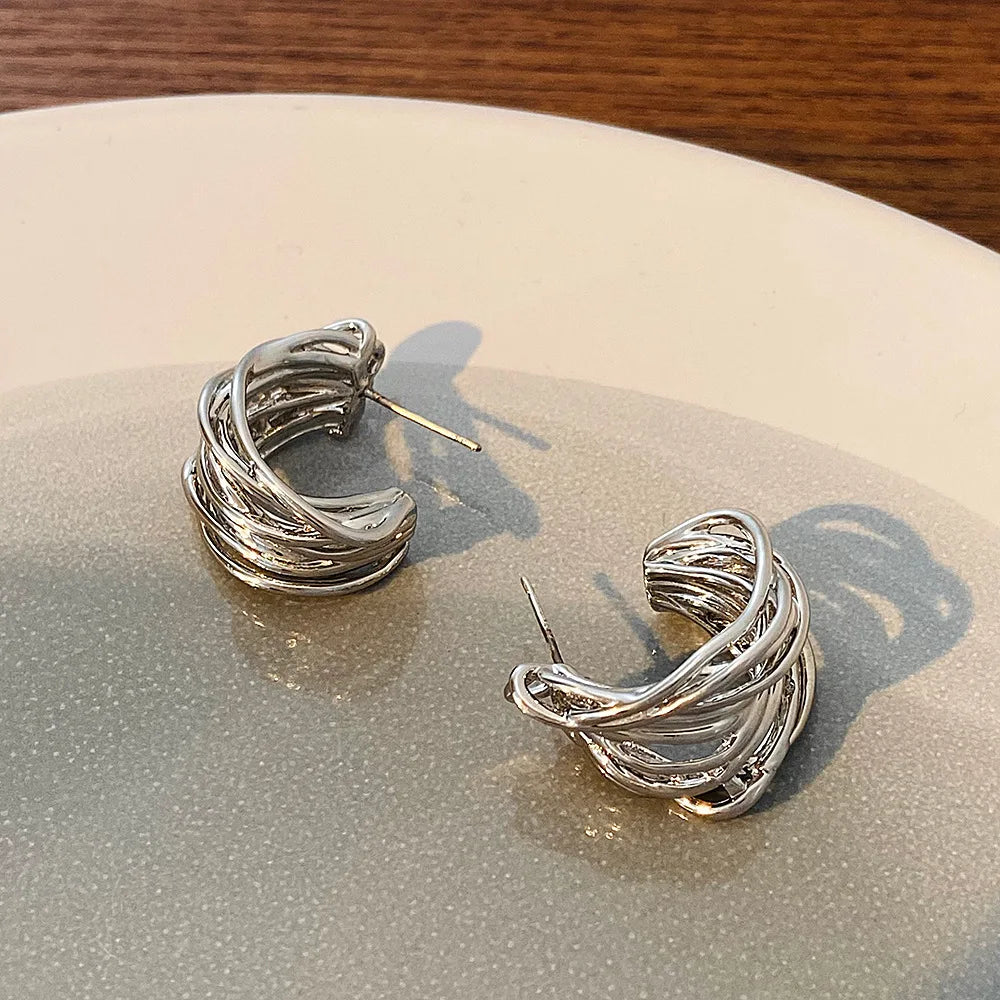 Retro Multi-layer Twist Irregular C Shape Hoop Earrings for Women Girls Gold Color Geometric Ear Buckle Stud Punk Jewelry Gifts