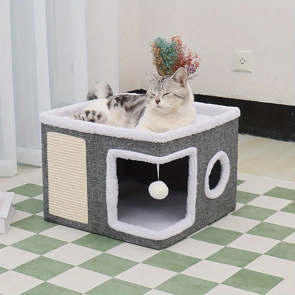 Multi-Level Cat Activity Center - Foldable Scratching Post & Warm Bed