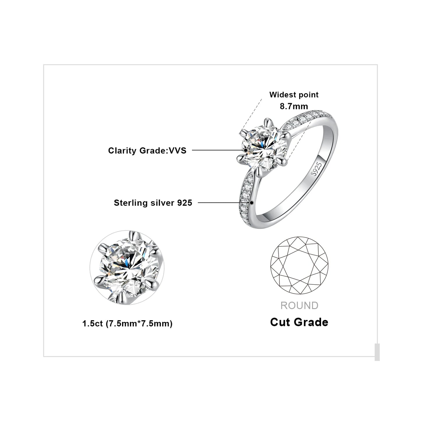 JewelryPalace Moissanite D Color 1ct 1.5ct 2ct 3ct Round S925 Sterling Silver Wedding Engagement Ring for Women