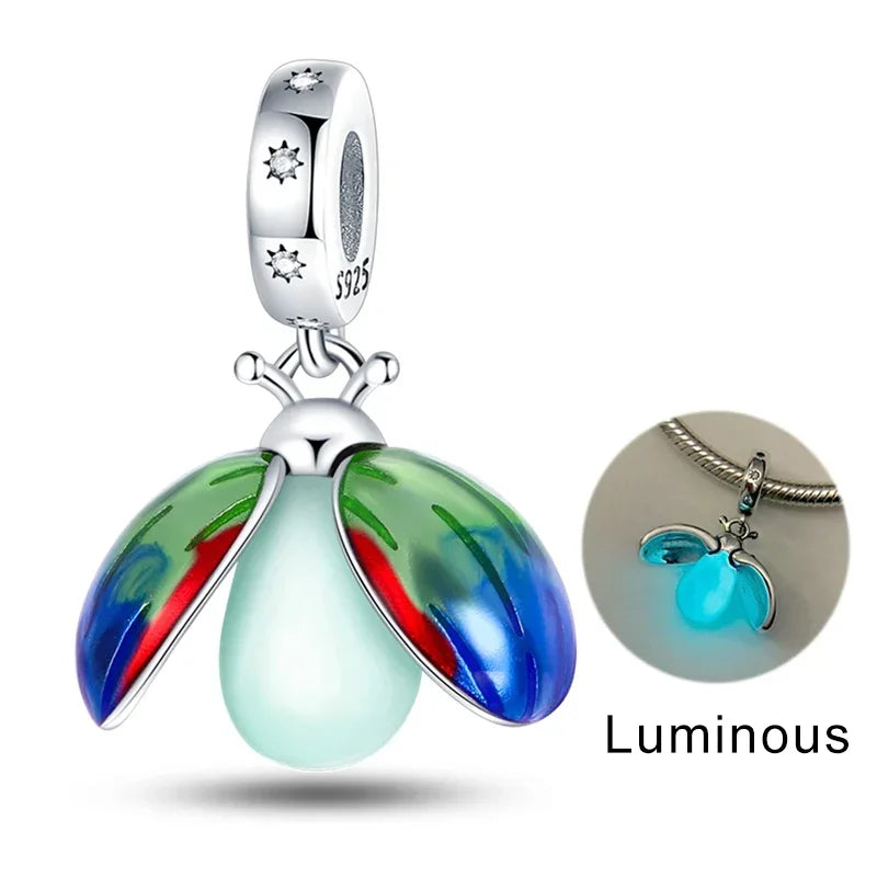 Authentic 925 Sterling Silver Luminous Firefly Charms Bee Light Bulb Beads Ring Earrings Fit Original Bracelets DIY Jewelry Gift