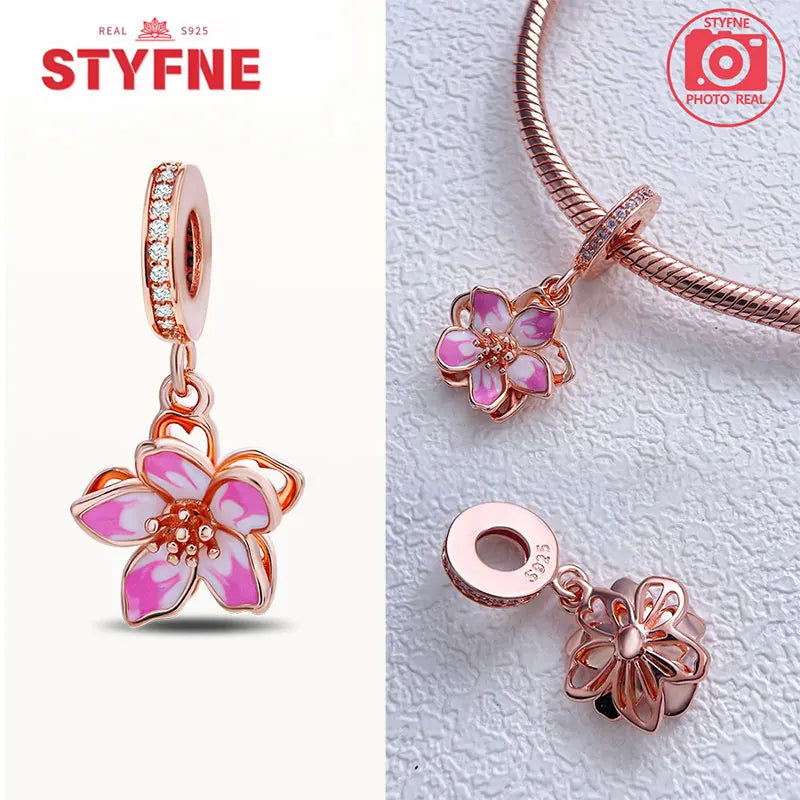 925 Silver Rose Pink Flower Shiny Zircon Charm Beads For Original Charms Original Bracelet for Women DIY fine Jewelry Gift
