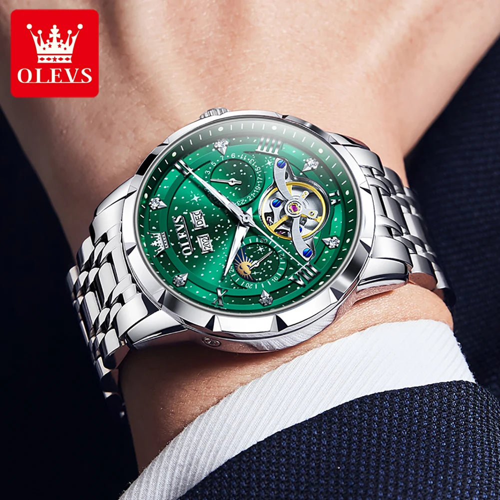 OLEVS 6689 Automatic Watch for Men Starry Sky Tourbillon Design Moon Phase Date Stainless steel Luminous Waterproof Wristwatch