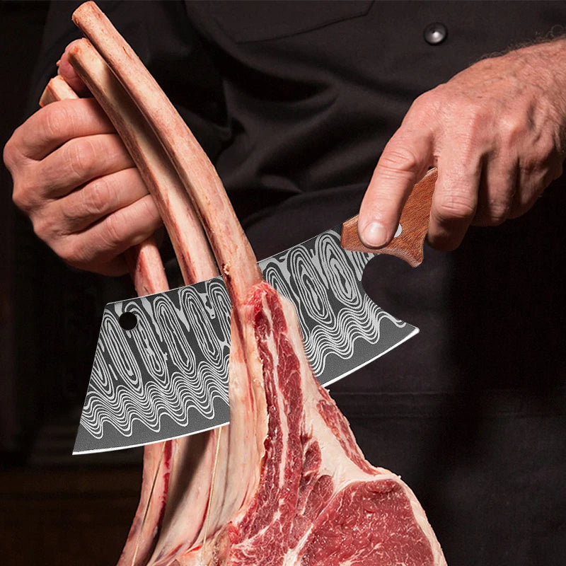 Forged Kitchen Chef Knives Laser Pattern High Carbon Clad Steel Meat Fish Fruit Vegetables Slicing Butcher Cleaver Knife