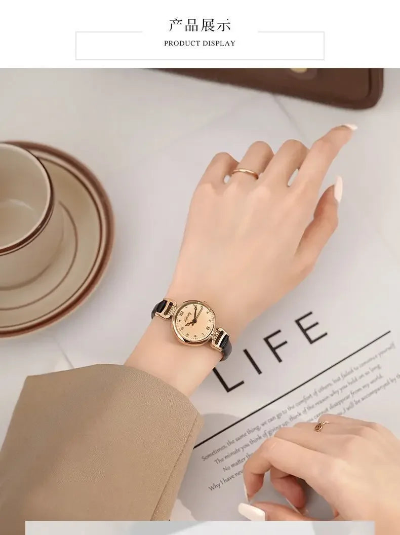 Retro High-end Round Dial Quartz Watches for Women PU Leather Strap Wristwatches Fashion Simple Temperament Girls Watch Gifts