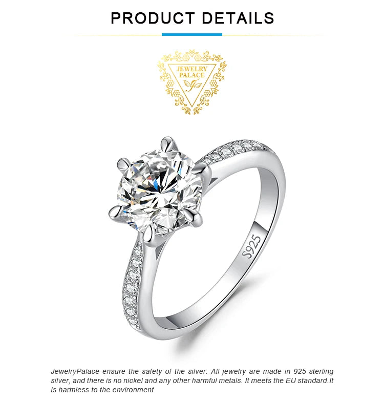 JewelryPalace Moissanite D Color 1ct 1.5ct 2ct 3ct Round S925 Sterling Silver Wedding Engagement Ring for Women