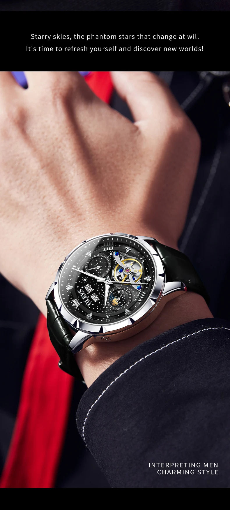 OLEVS 6689 Automatic Watch for Men Starry Sky Tourbillon Design Moon Phase Date Stainless steel Luminous Waterproof Wristwatch