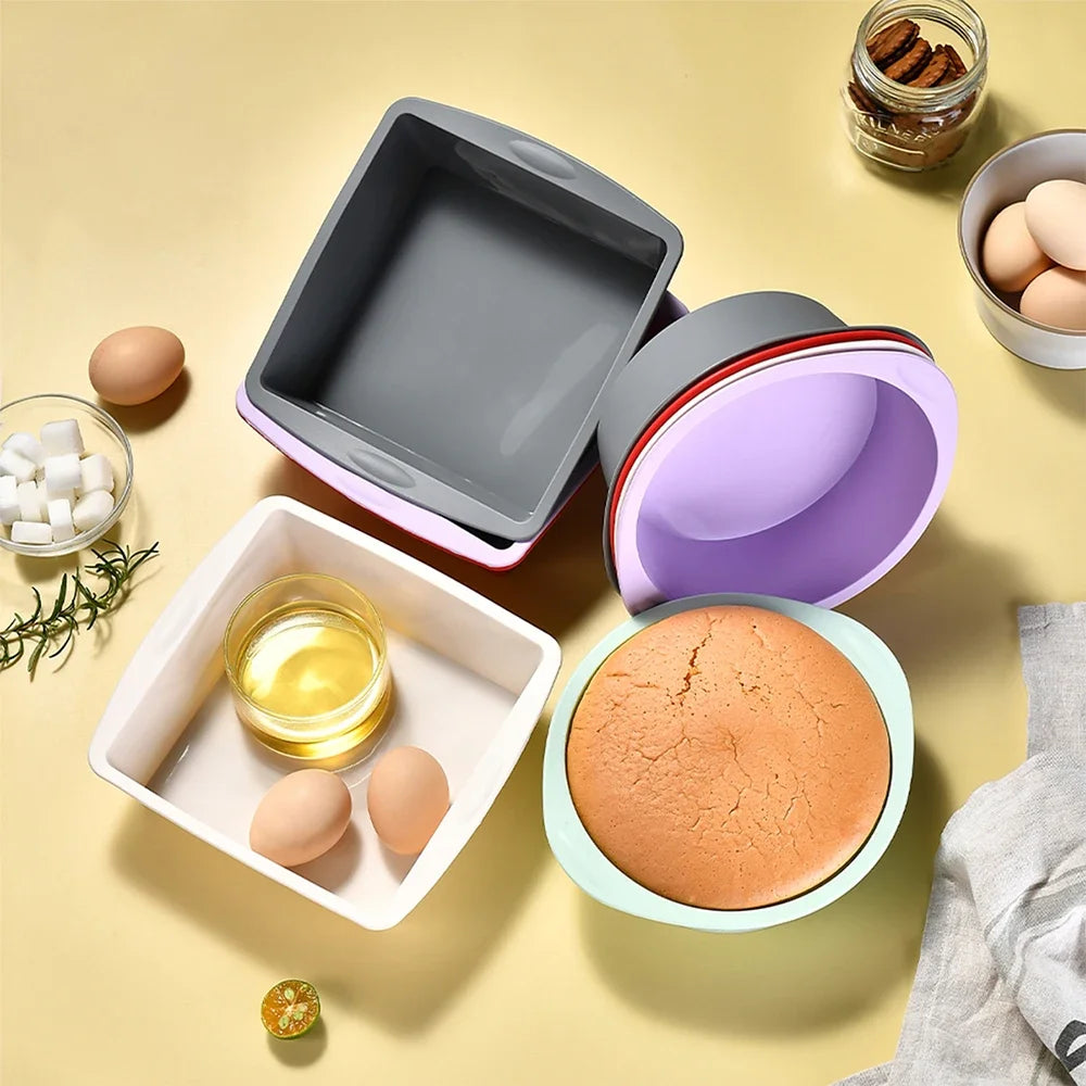 2Pcs Silicone Cake Mold Tray Pans Round Square Kitchen Silicone Nonstick Baking Pans Reusable Cake Pans Baking Tools
