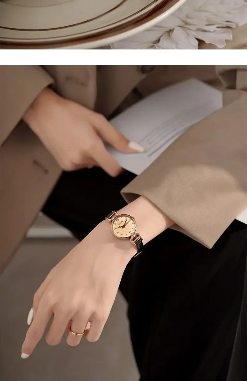 Retro High-end Round Dial Quartz Watches for Women PU Leather Strap Wristwatches Fashion Simple Temperament Girls Watch Gifts
