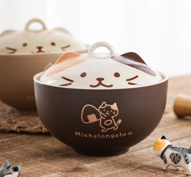 Japanese Creative Ceramic Soup Bowl Cute Cartoon Animals with Lid Cat Bowl Household Instant Noodles Bowl Rice Bowl Tableware