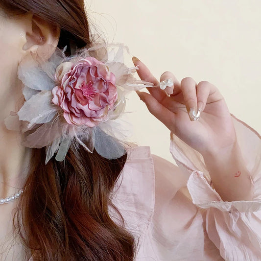 Pink Flower Hair Claws for Women Fashion Sweet Big Hairpin Temperament Grab Clip Lace Hair Accessories Wholesale Gifts